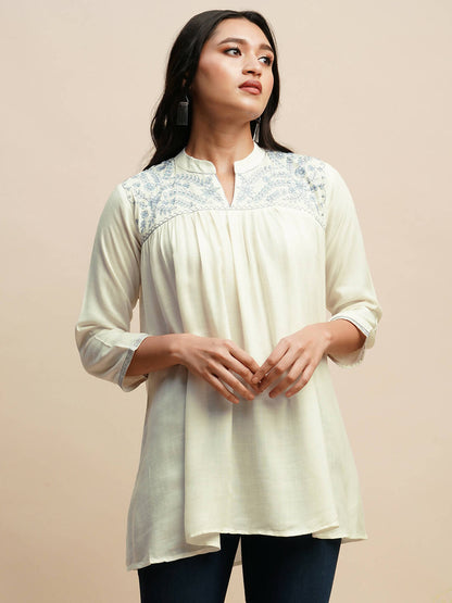 White Rayon Embroidered Top - Tarini - Distacart