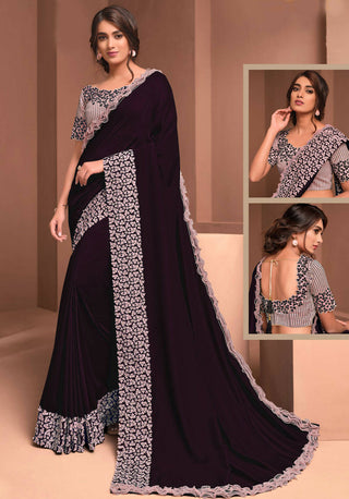 Teal Blue Colored Silk Georgette Embroidered Saree With Unstitched Blouse - Norita Raissa - Distacart