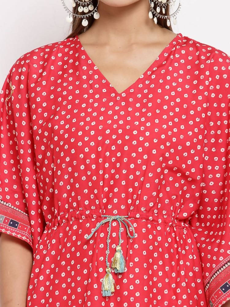 Myshka Women's Red Cotton Printed 3/4 Sleeve V Neck Casual Kaftan