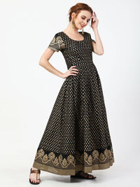 Thumbnail for Cheera Women's Black Cotton Hand Block Print Long Dress With Silk Dupatta Set - Distacart