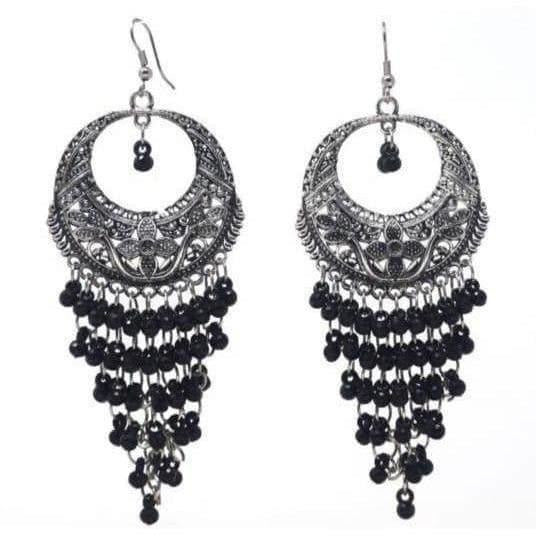 Oxidized Black Jhalar Long Drop Party Beads Alloy Chandbali Earrings