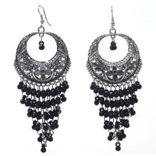 Oxidized Black Jhalar Long Drop Party Beads Alloy Chandbali Earrings