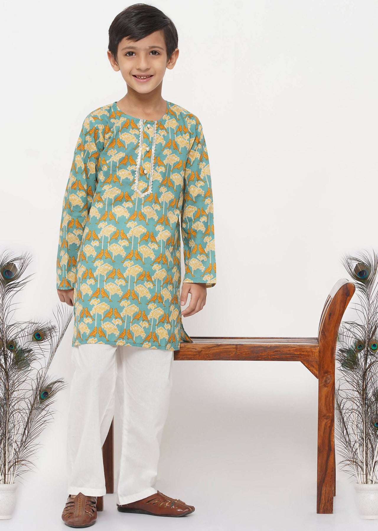 Little Bansi Cotton Bird Print Kurta with Pearl Buttons & Pyjama -Blue & Cream - Distacart