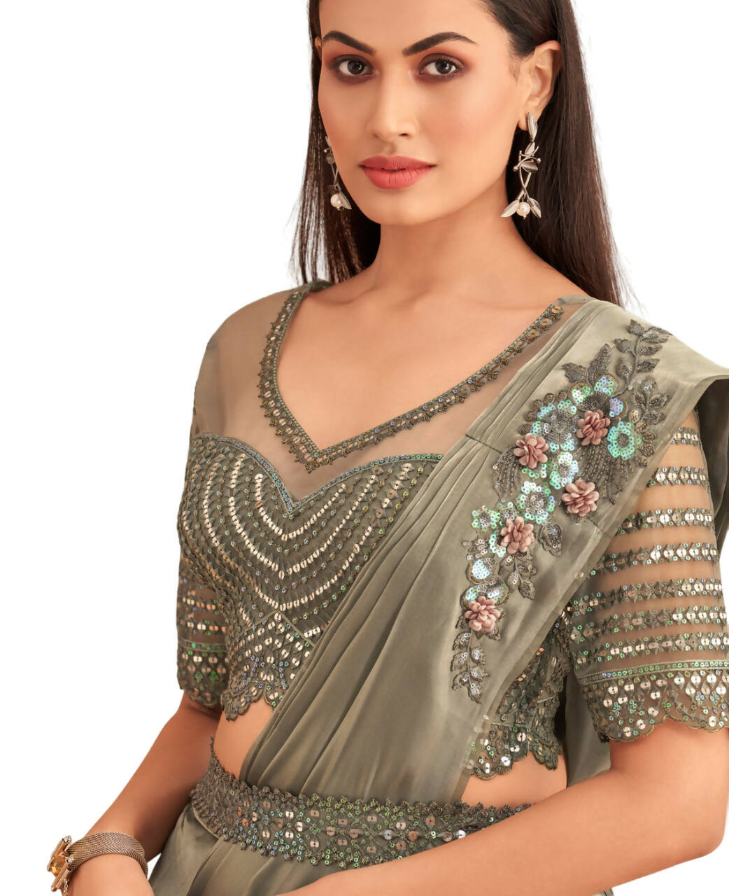 Green Satin Embroidered Ready To Wear Saree With Unstitched Blouse Piece - Nandika - Distacart