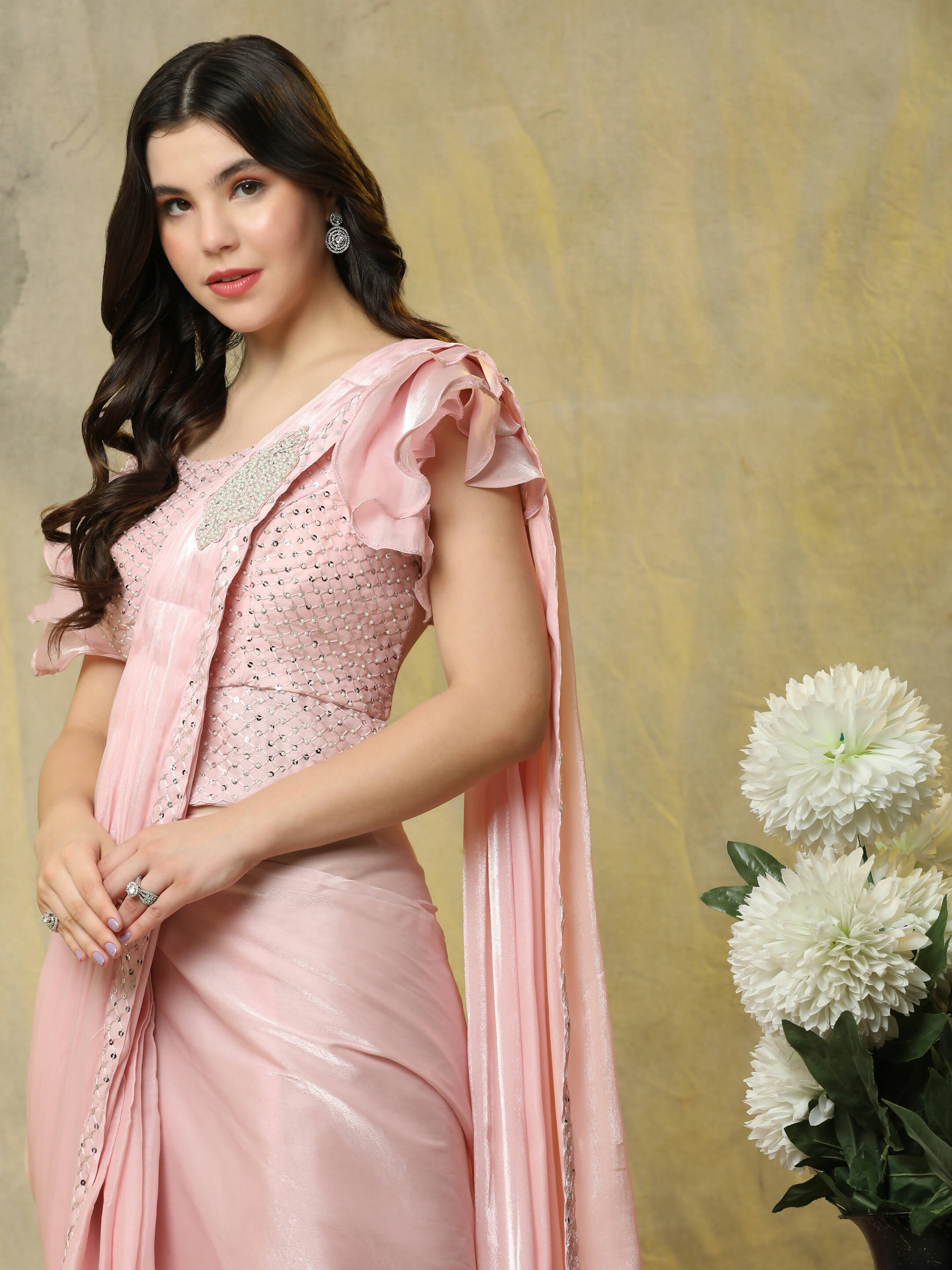 Pink Silk Satin Sequence Work Ready to Wear Saree with stitched Blouse - Nirvana - Distacart