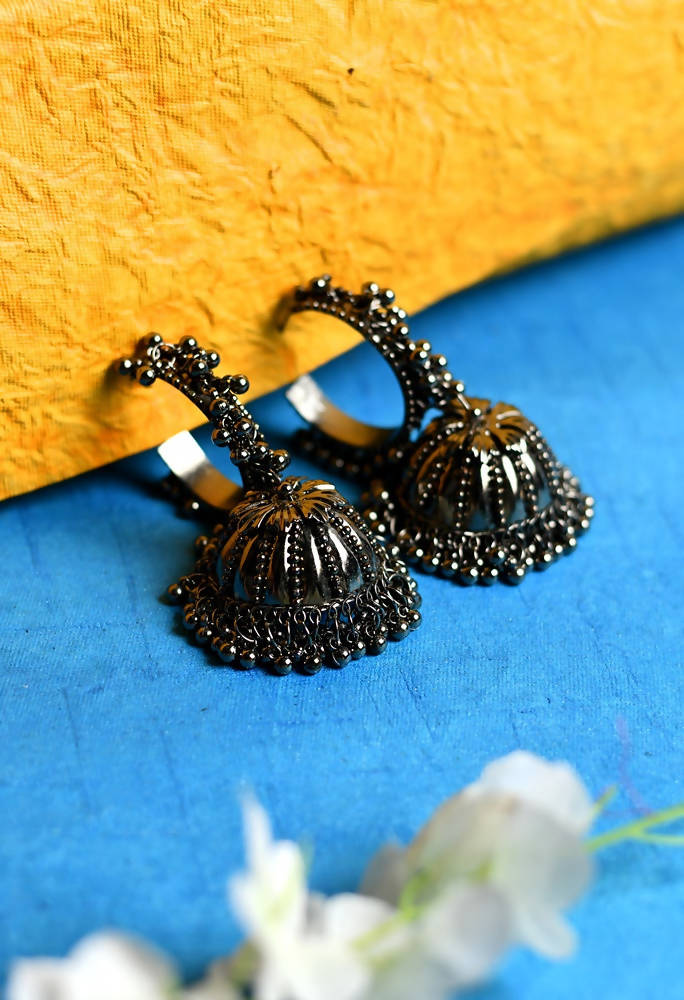 Tehzeeb Creations Black Colour Oxidised Earrings With Jhumki Style