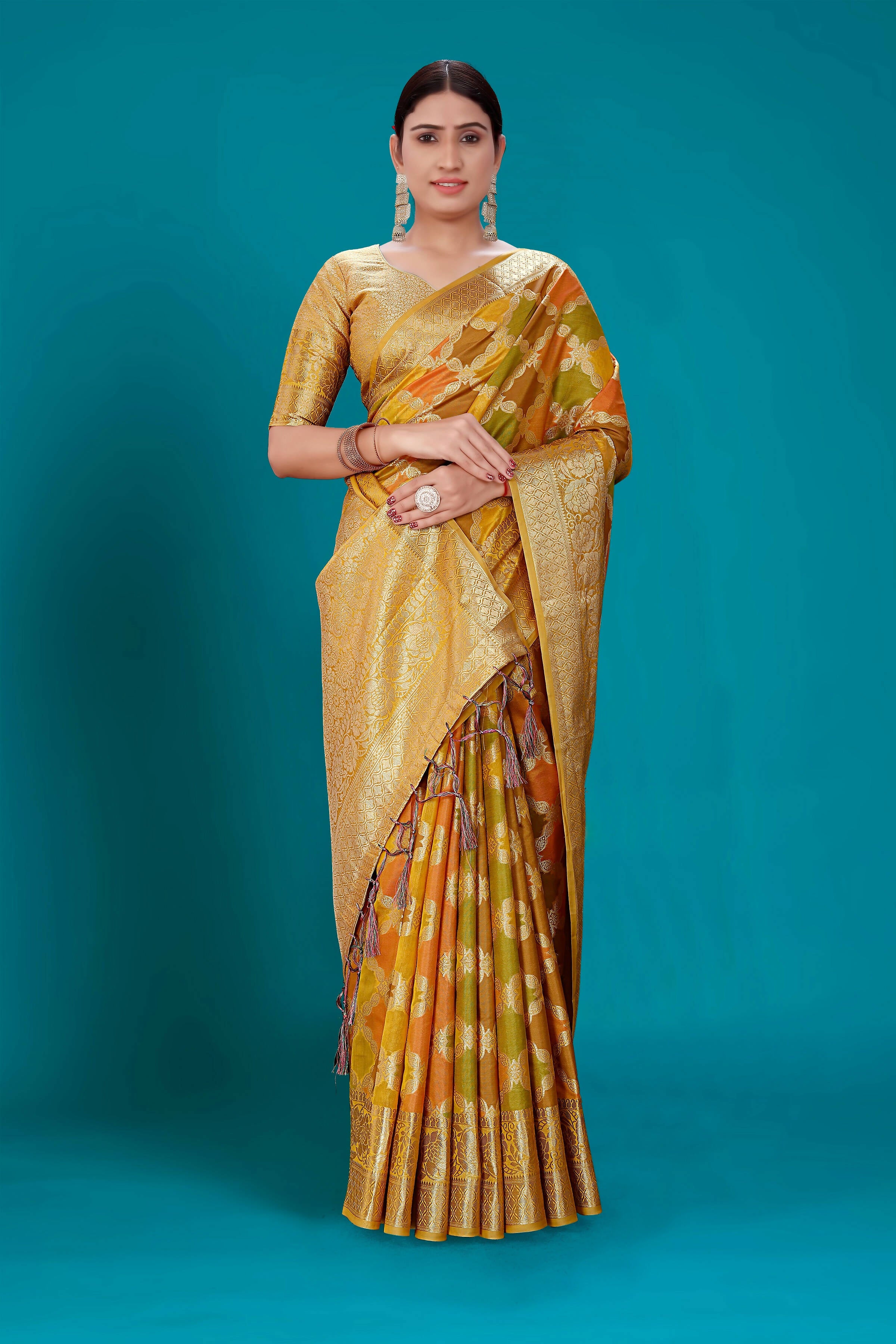 Mustard Soft Organza Woven Design Saree with Unstitched Blouse Piece - Zaara - Distacart