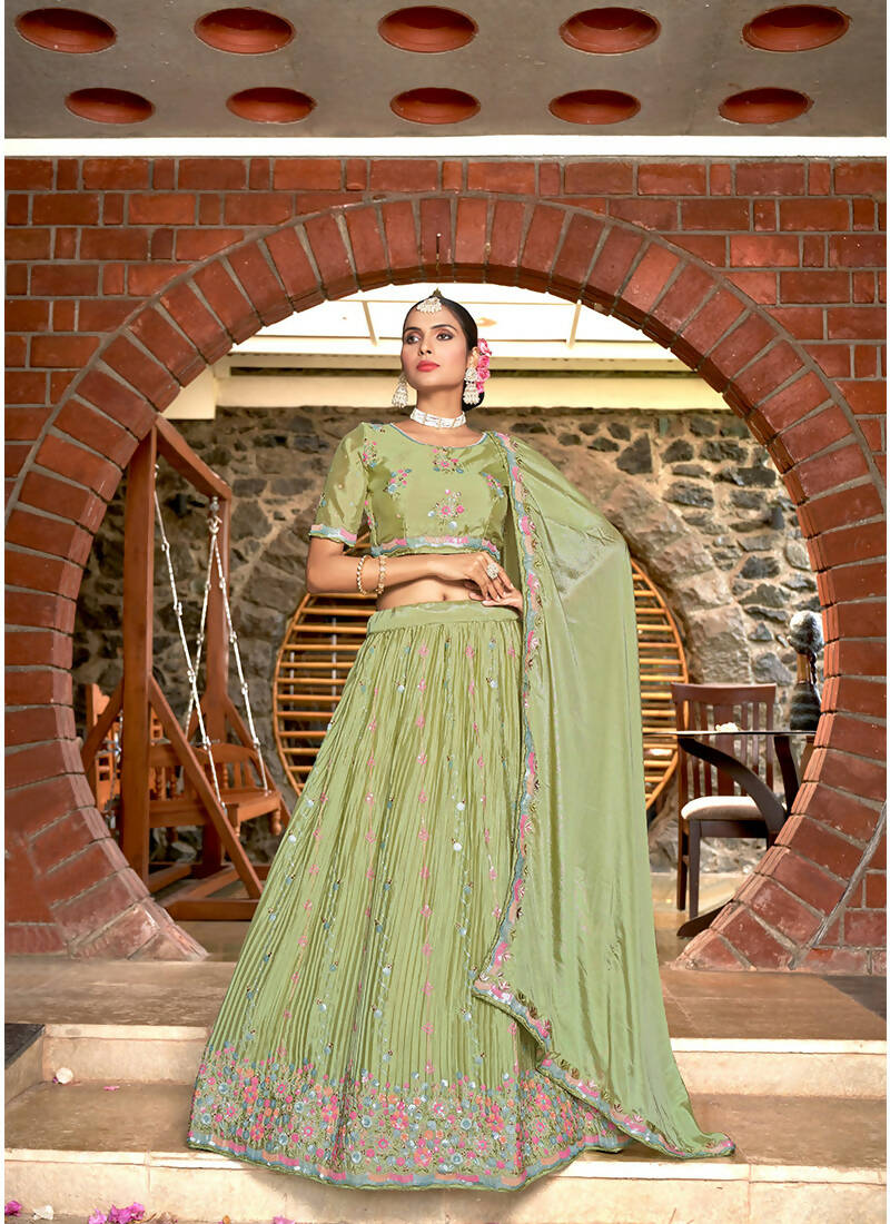 Green Chinon Crushed Sequence and Thread Embroidery Work Lehenga Choli with Dupatta - Viharini - Distacart