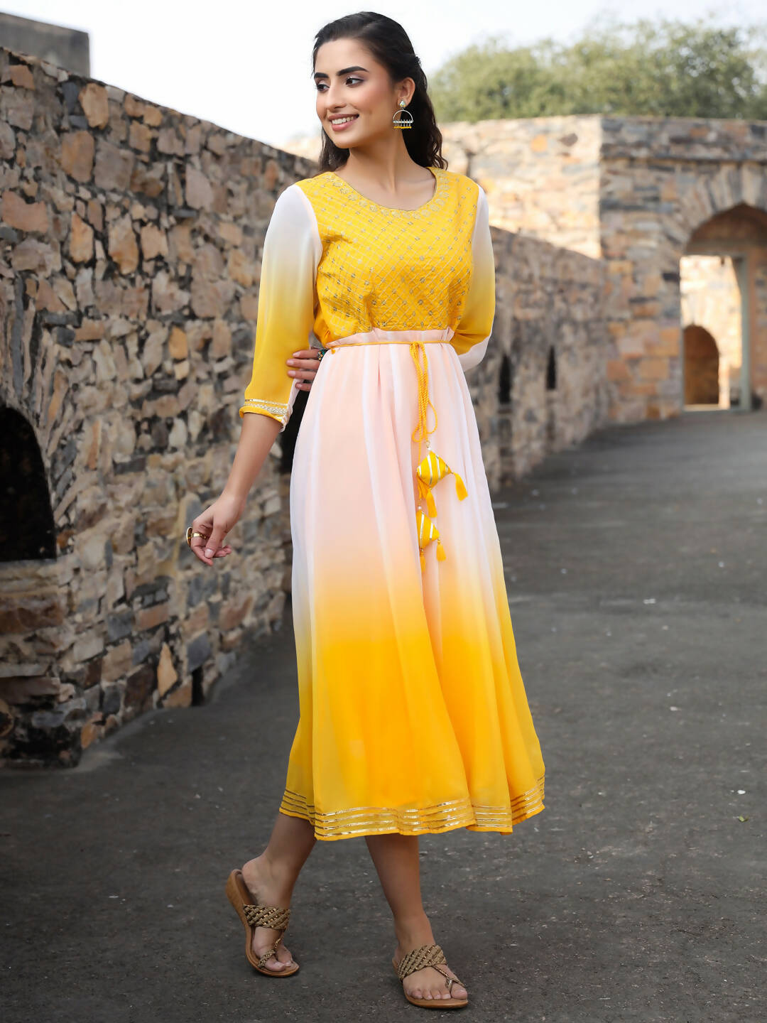 Juniper Women Yellow Georgette Embroidered Maxi Dress - Distacart