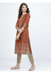 Thumbnail for Cheera Embellished Daily Wear Cotton Blend Kurta - Brown - Distacart