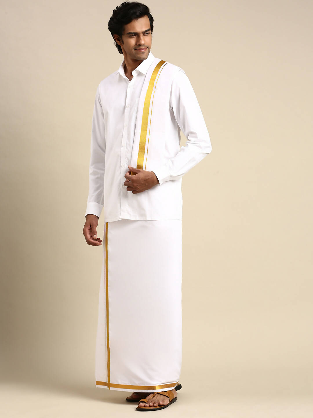 Ramraj Cotton Mens Premium Wedding Cotton White Dhoti with shirt Bit & Towel Set - Distacart