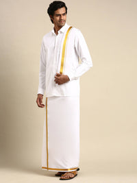 Thumbnail for Ramraj Cotton Mens Premium Wedding Cotton White Dhoti with shirt Bit & Towel Set - Distacart