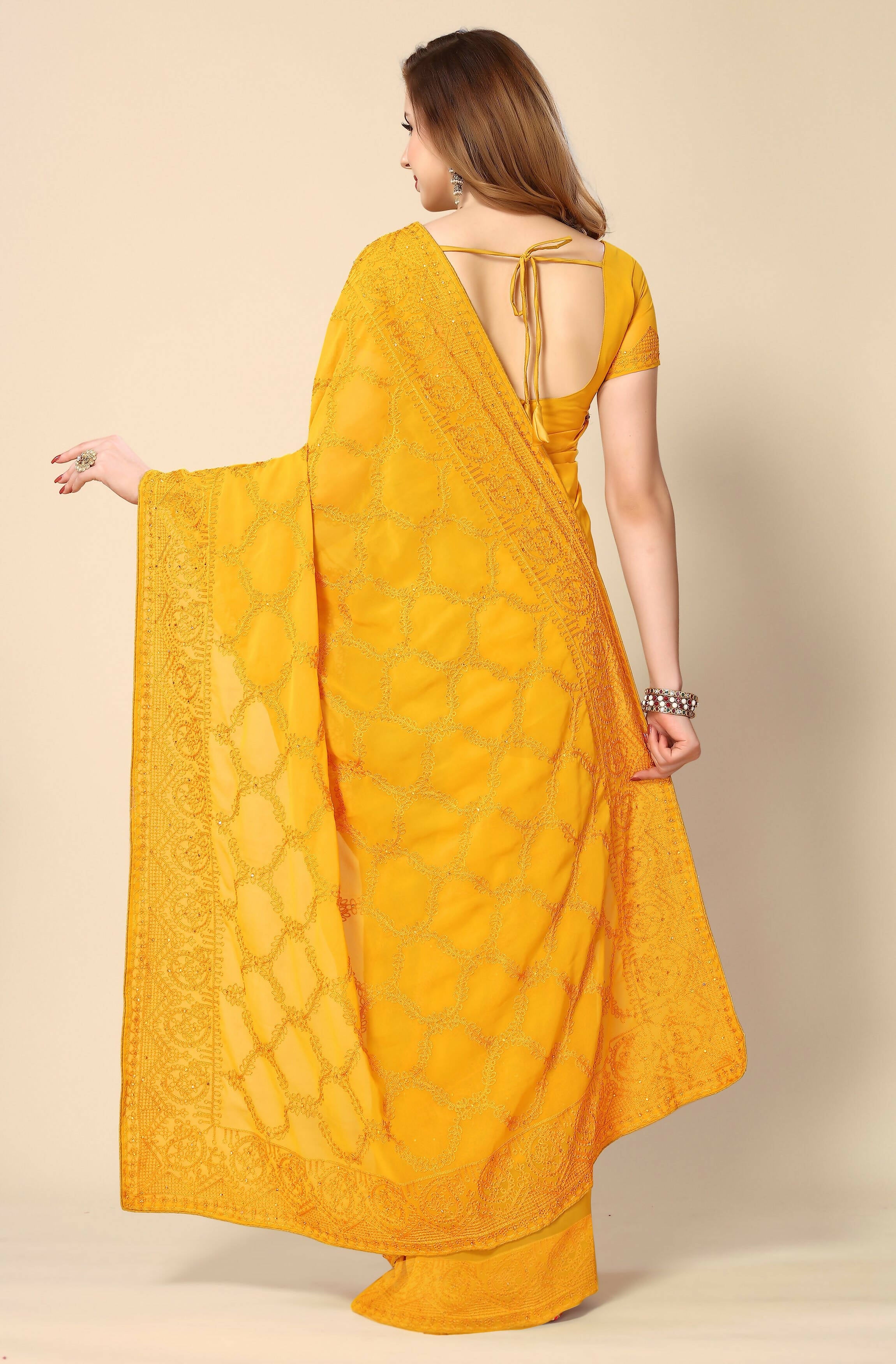 Mustard Georgette Embroidered and Stone Work Saree with Unstitched Blouse Piece - Roozal - Distacart