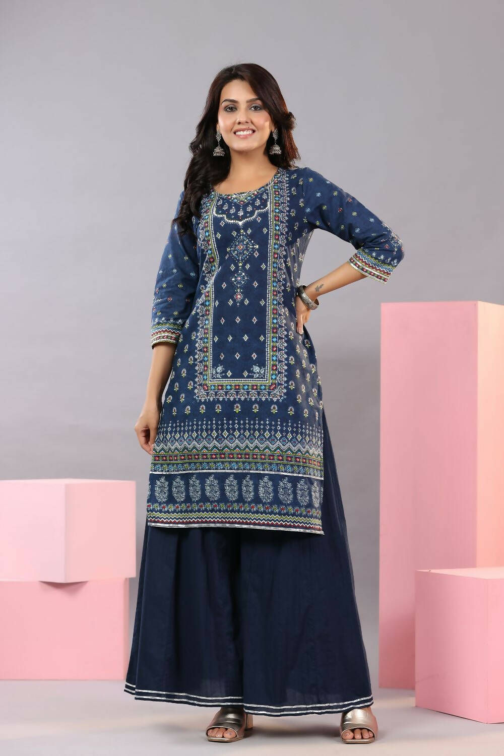 Juniper Women Indigo Cotton Cambric Printed Kurta, Palazzo and Dupatta Set - Distacart