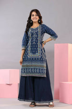 Thumbnail for Juniper Women Indigo Cotton Cambric Printed Kurta, Palazzo and Dupatta Set - Distacart