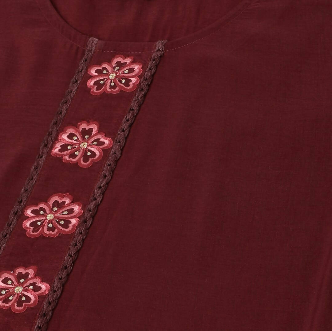 Maroon Chinon Silk Embroidered Straight Kurta with Trouser & Dupatta - Salimar - Distacart