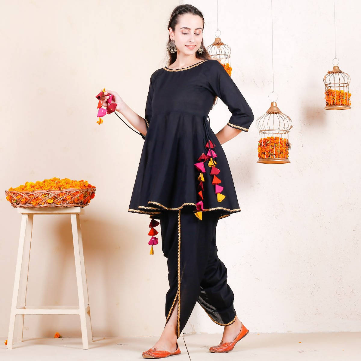 Cheera Black Dhoti Peplum Top Set With Multicolour Tassels (CH125KD) - Distacart