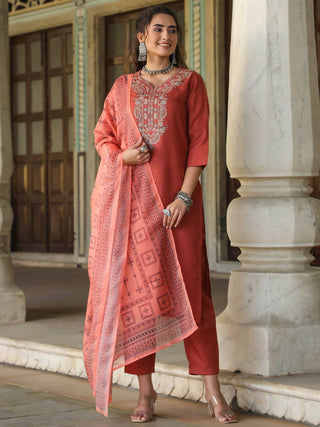 Juniper Women's Rust Silk Solid Embroidered Kurta Set - Distacart
