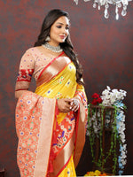 Thumbnail for Lorenvalley Fashion Yellow Organza Silk Woven Design with Meenakari Weaving Saree - Distacart