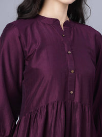 Thumbnail for Myshka Silk Solid 3/4 Sleeve V Neck Purple Women Dress - Distacart