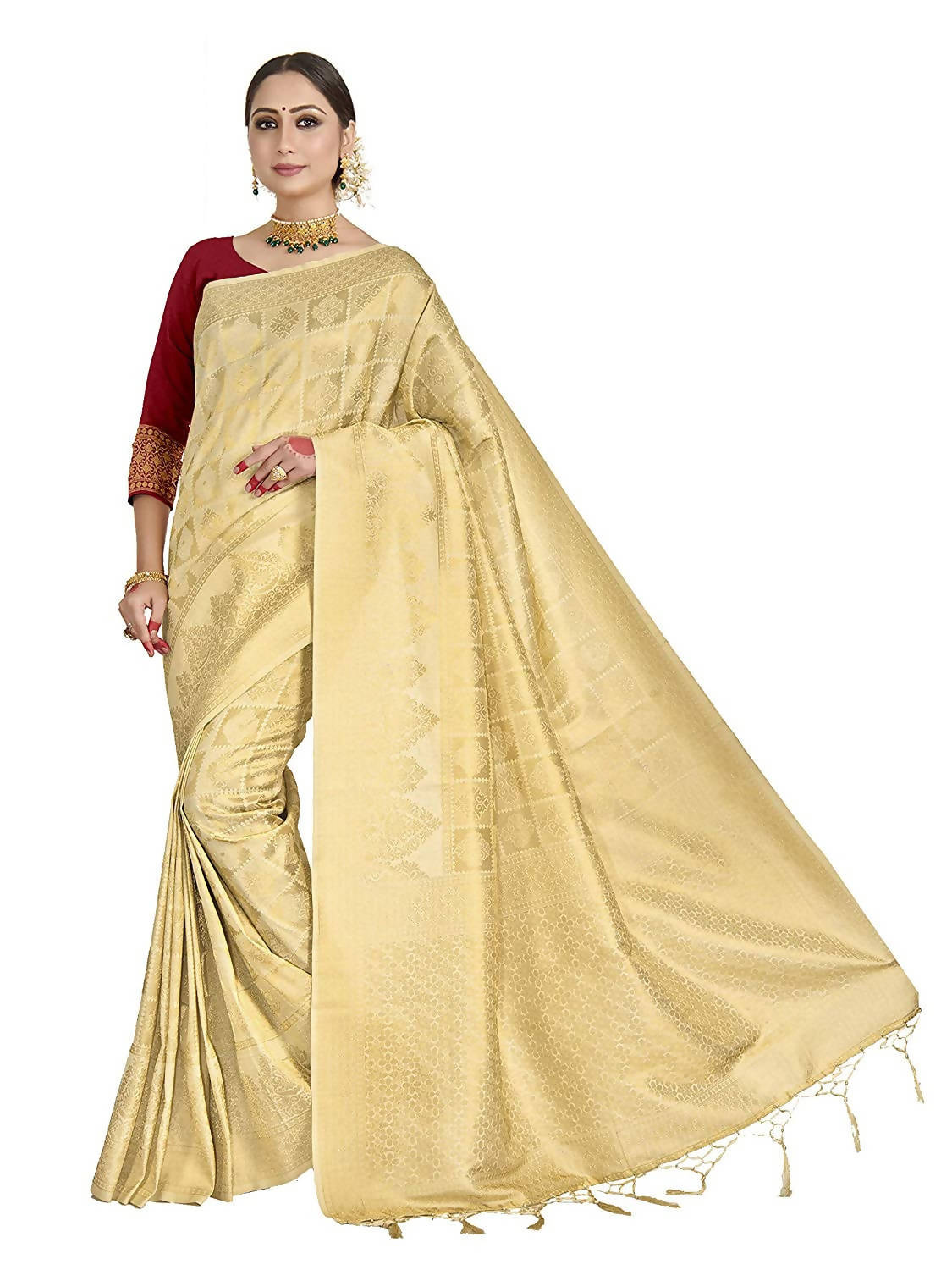 Vardha Women's Beige Kanchipuram Raw Silk Saree With Unstitched Blouse Piece