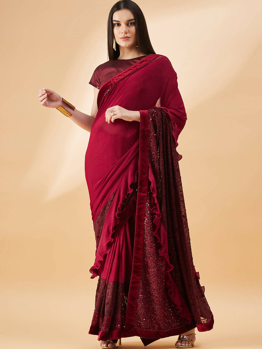 Maroon Lycra Embossed Fancy Velvet, Sequins Embroidery, Frill Details Saree - Norita Hit Design - Distacart