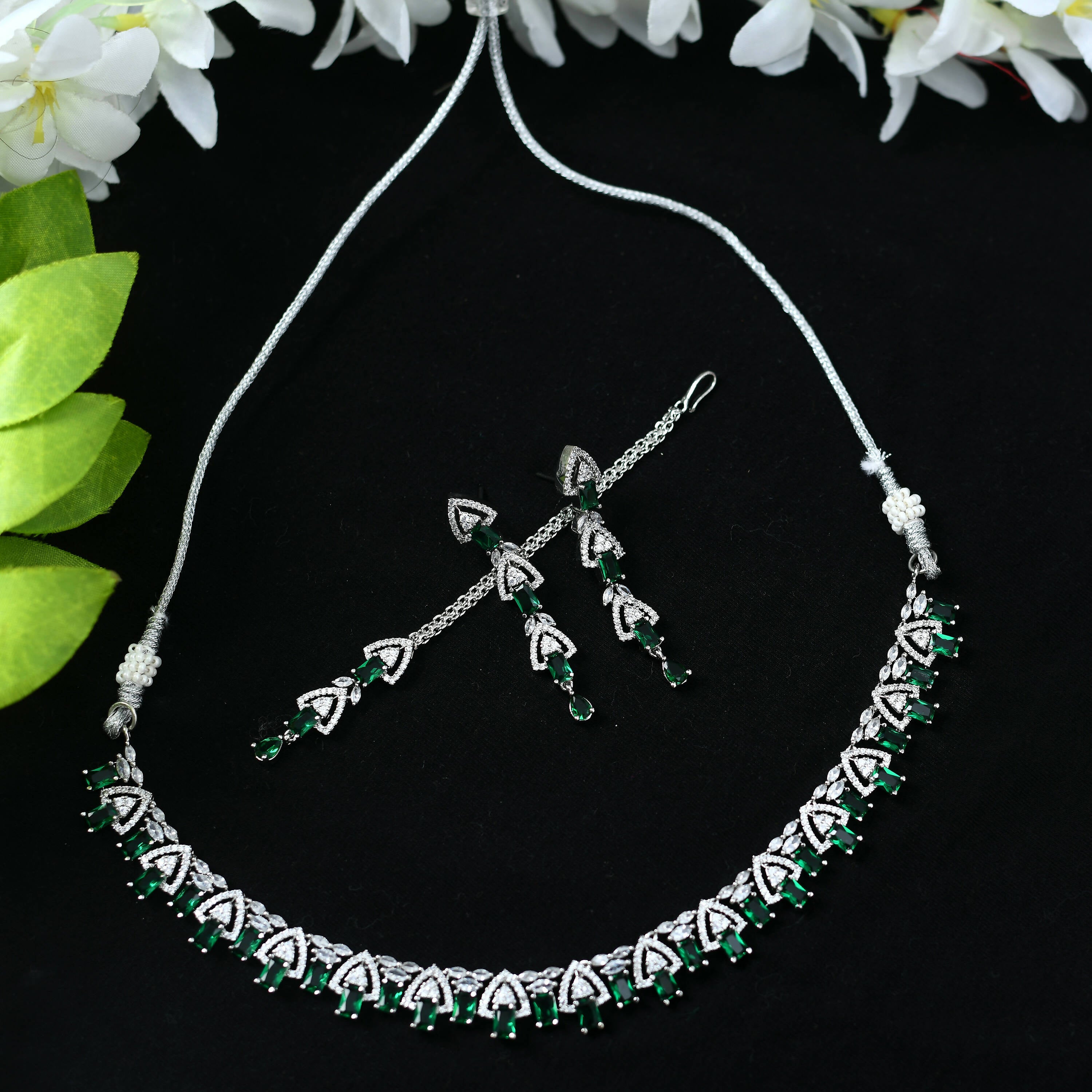 Mominos Fashion Johar Kamal Silver-Plated American Diamond Green Choker Set - Distacart