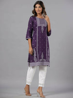 Thumbnail for Juniper Women Purple Rayon Printed Knee Length Straight Kurta - Distacart