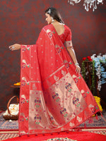 Thumbnail for Lorenvalley Fashion Red Soft Paithani Silk Woven Design Copper Zari Meenakari Weaving Saree - Distacart