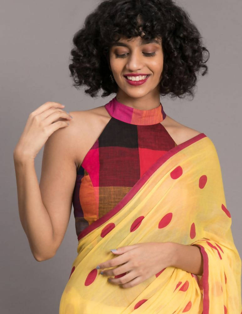 Suta Yellow Pink Polka Printed Pure Cotton Saree - Distacart
