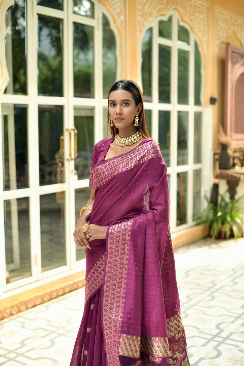 Vishnu Weaves Women's Wine Cotton Silk Zari Woven Butta Work Saree with Blouse - Distacart