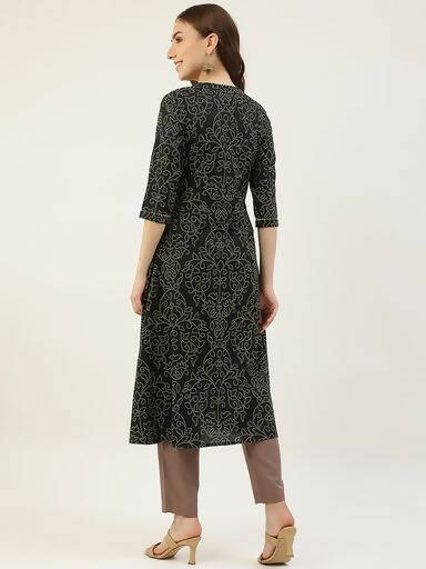 FIORRA Women's Black Printed Flared Cotton Kurta - Distacart