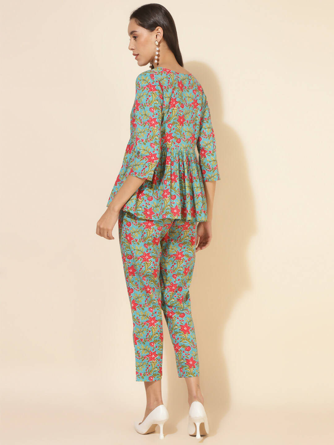 Janasya Women's Blue Cotton Printed Casual Peplum Co-ords - Distacart