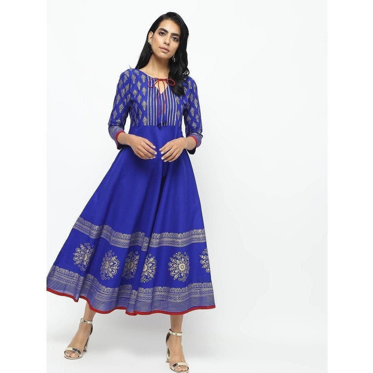 Cheera Royal Blue Flared Block Printed Long Kurta