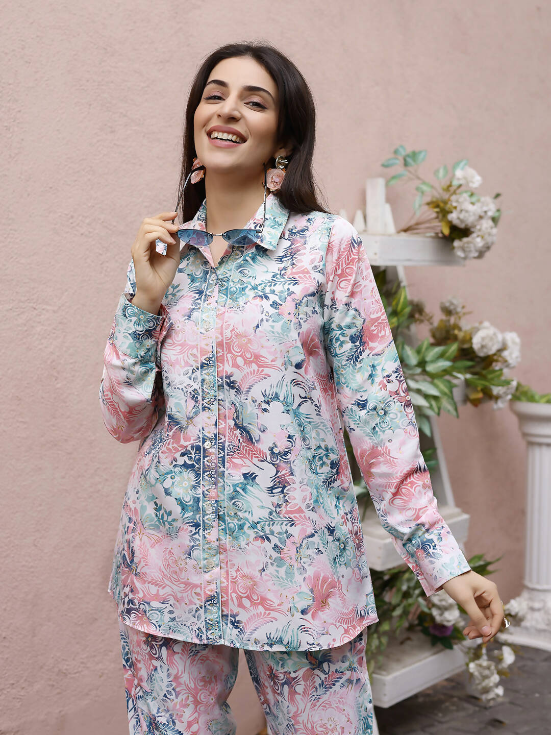 Blue & Pink Rayon Floral Printed Top with Matching Bottom - Eesha - Distacart