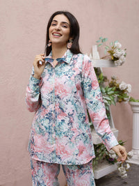 Thumbnail for Blue & Pink Rayon Floral Printed Top with Matching Bottom - Eesha - Distacart