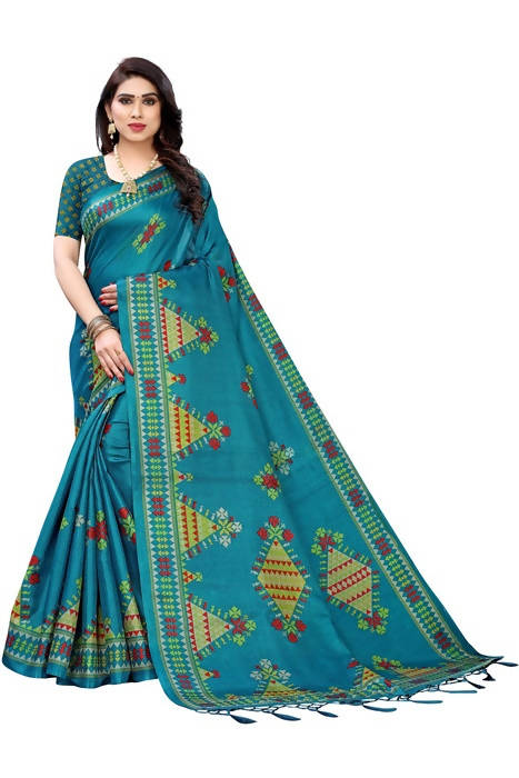 Vamika Blue Kalamkari Print With Jhalar Khadi Silk Saree (KITE BLUE)