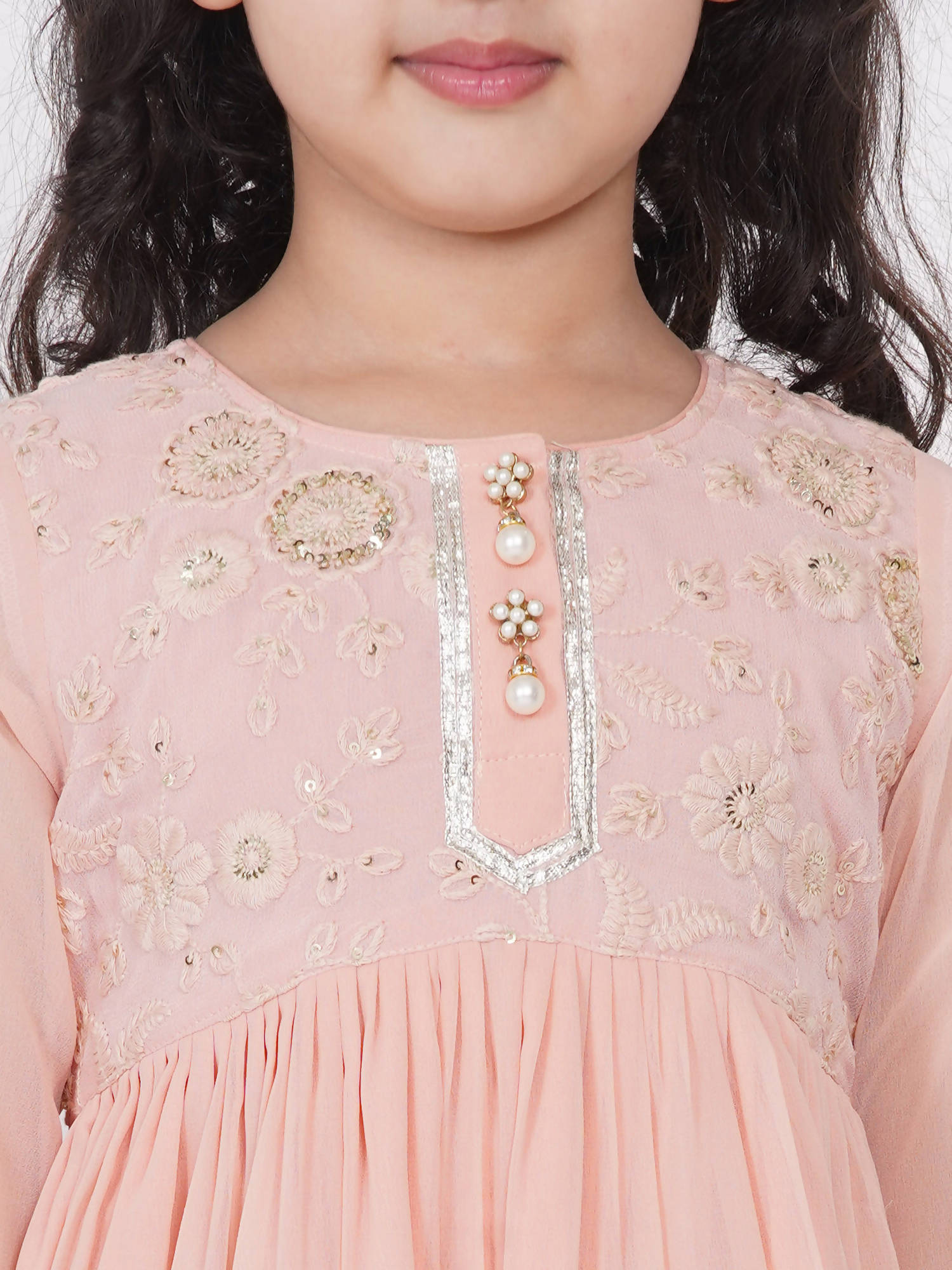 Little Bansi Cotton Gotta Patti Kurta frock with Sharara & Dupatta - Peach - Distacart