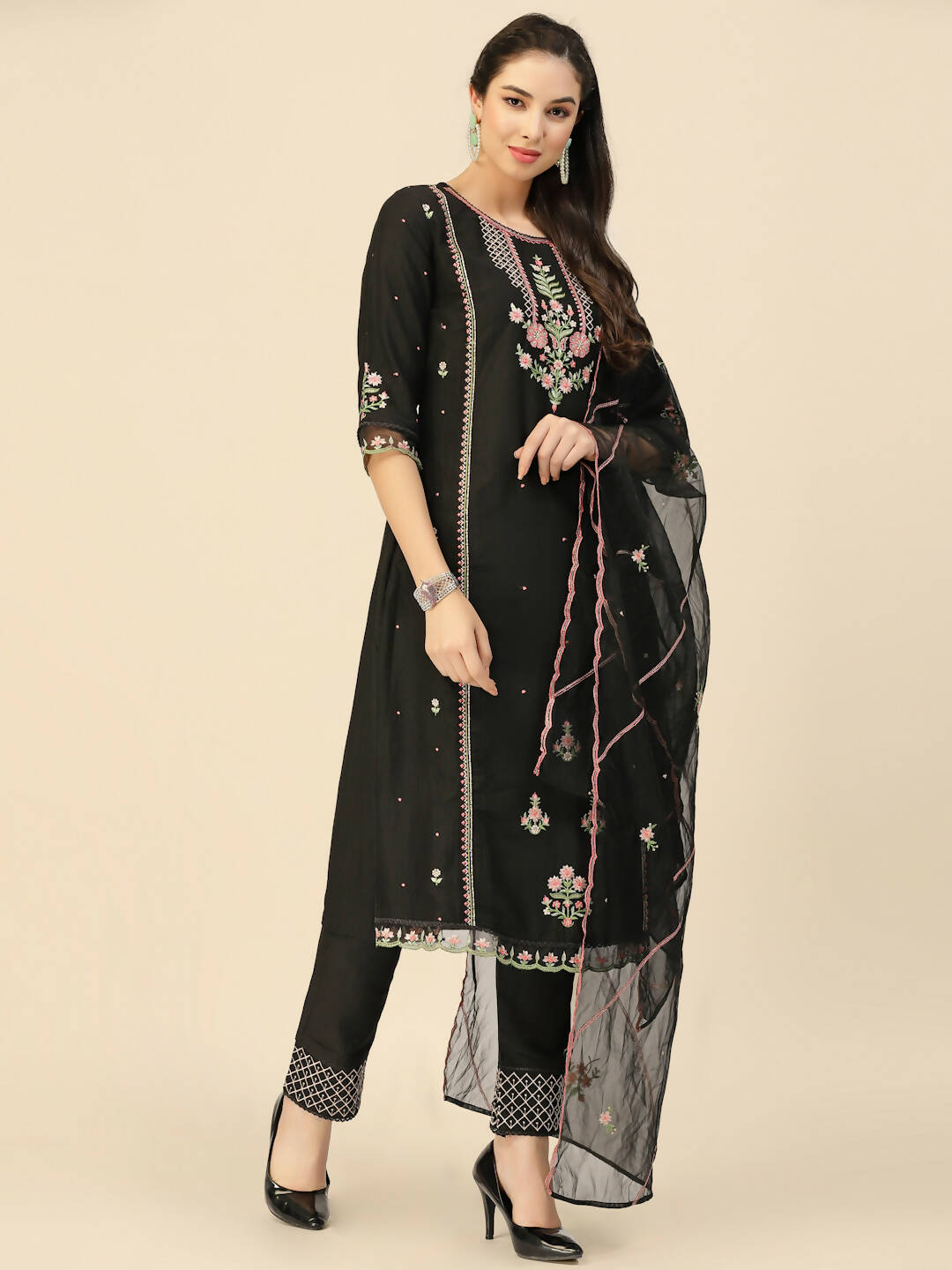 Black Embroidered Chinon Straight Kurta With Trouser & Dupatta - Salimar - Distacart