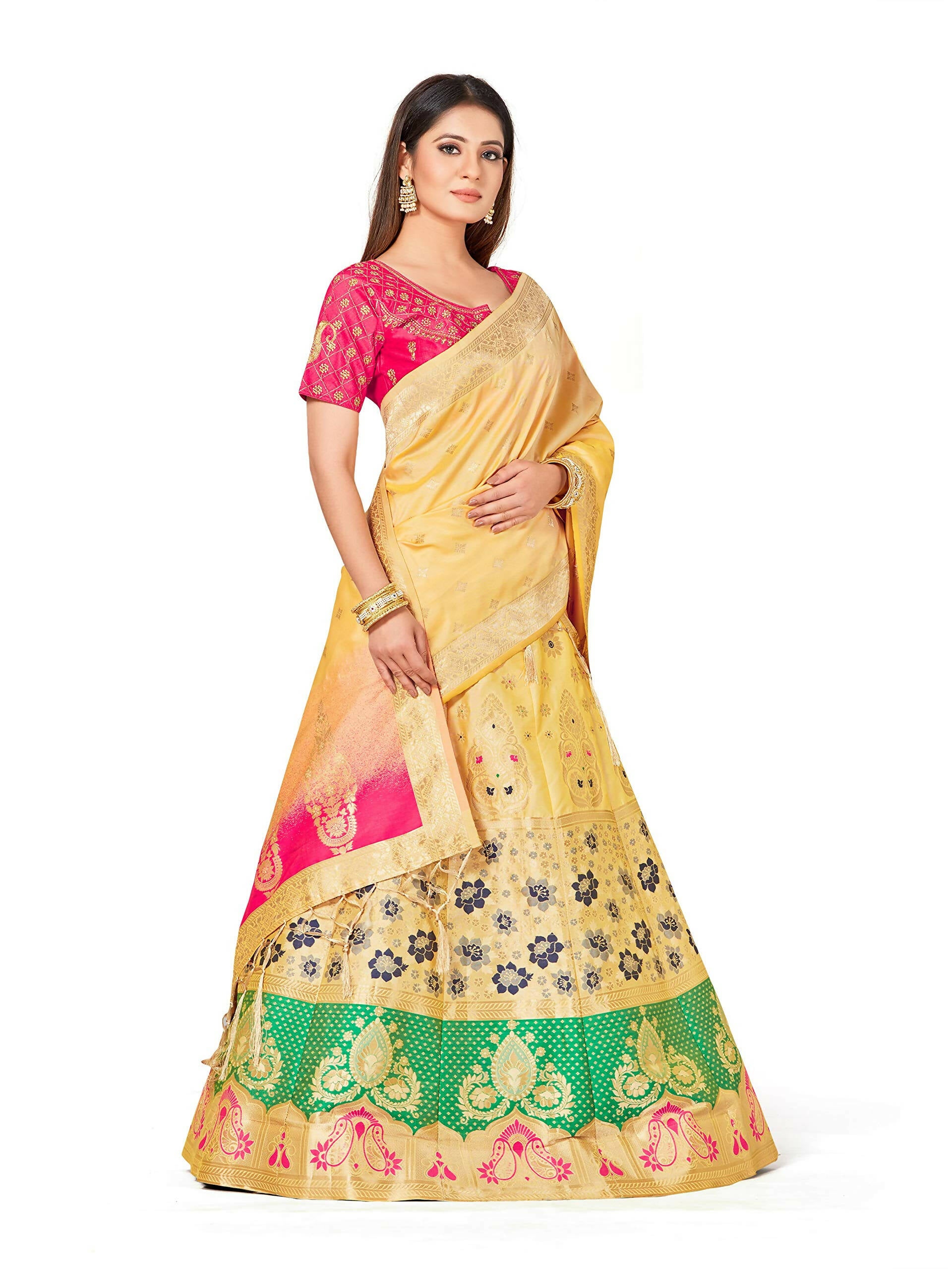 Mimosa Women's Semi-Stitched Art Silk Yellow Lehenga Choli with Dupatta - Distacart