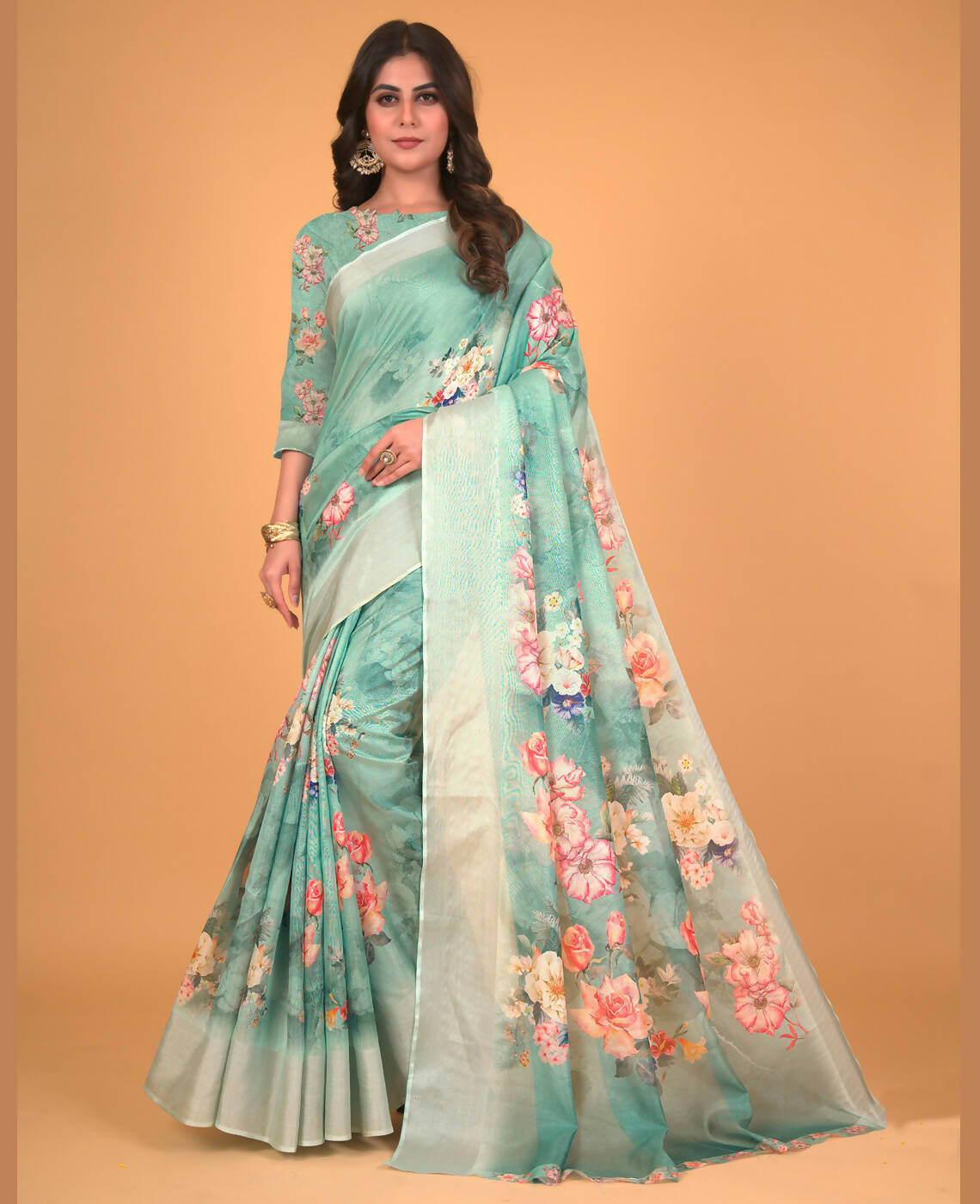 Sea Green Cotton Silk Floral Printed Saree With Unstitched Blouse Piece - Akshita - Distacart