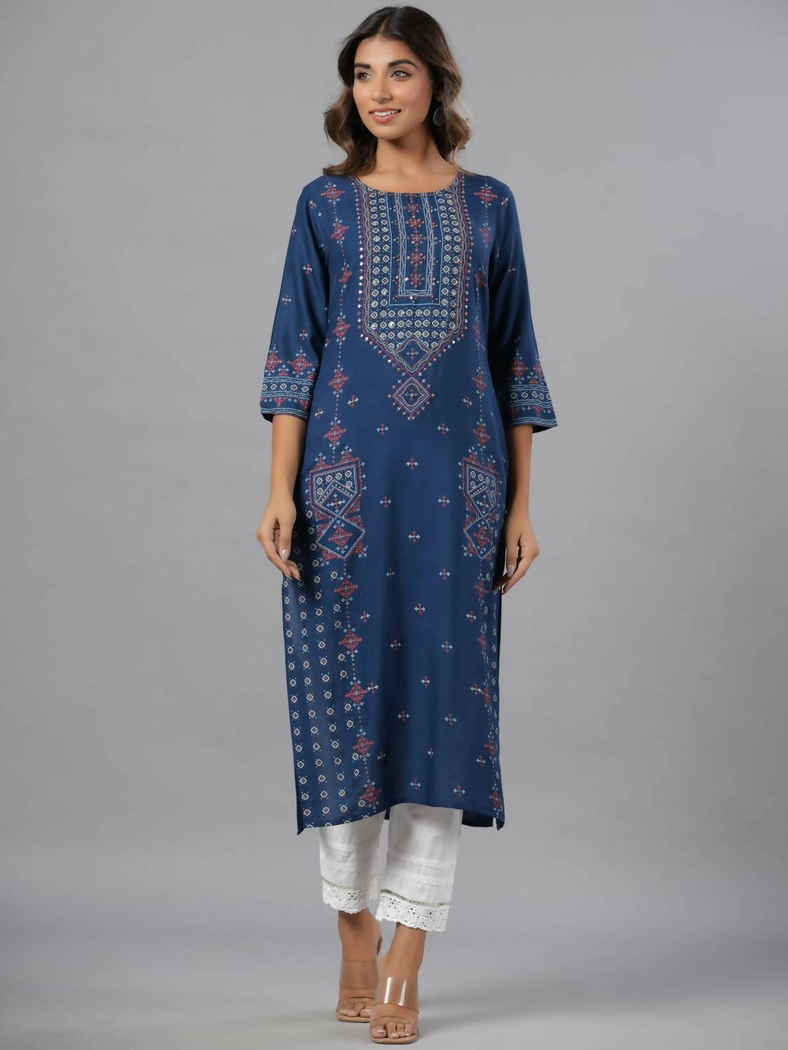 Juniper Women Navy Blue Printed Straight Kurta - Distacart