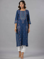 Thumbnail for Juniper Women Navy Blue Printed Straight Kurta - Distacart