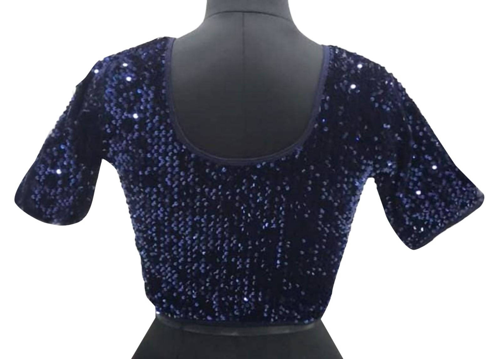 Vamika Navy Blue Velvet Sequence Blouse - Distacart