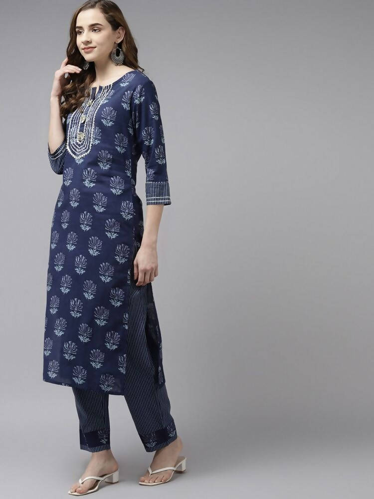 Yufta Women Navy Blue Gotta Patti Pure Cotton Kurta with Palazzo and Dupatta