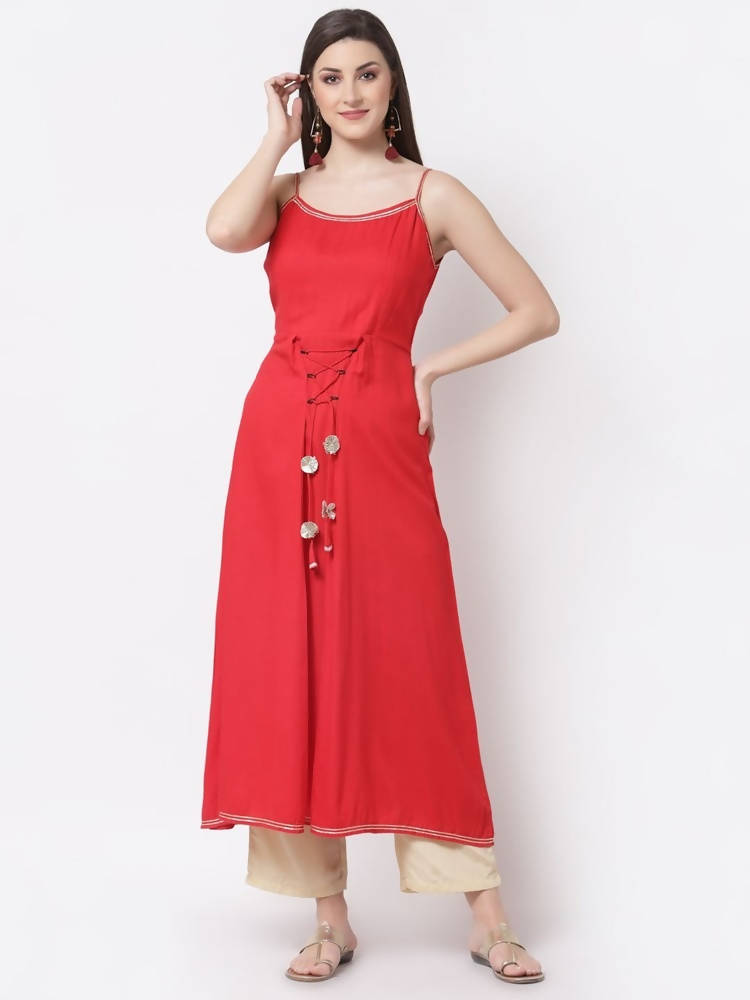 Myshka Red Color Silk blend Solid Kurta With Dupatta Set