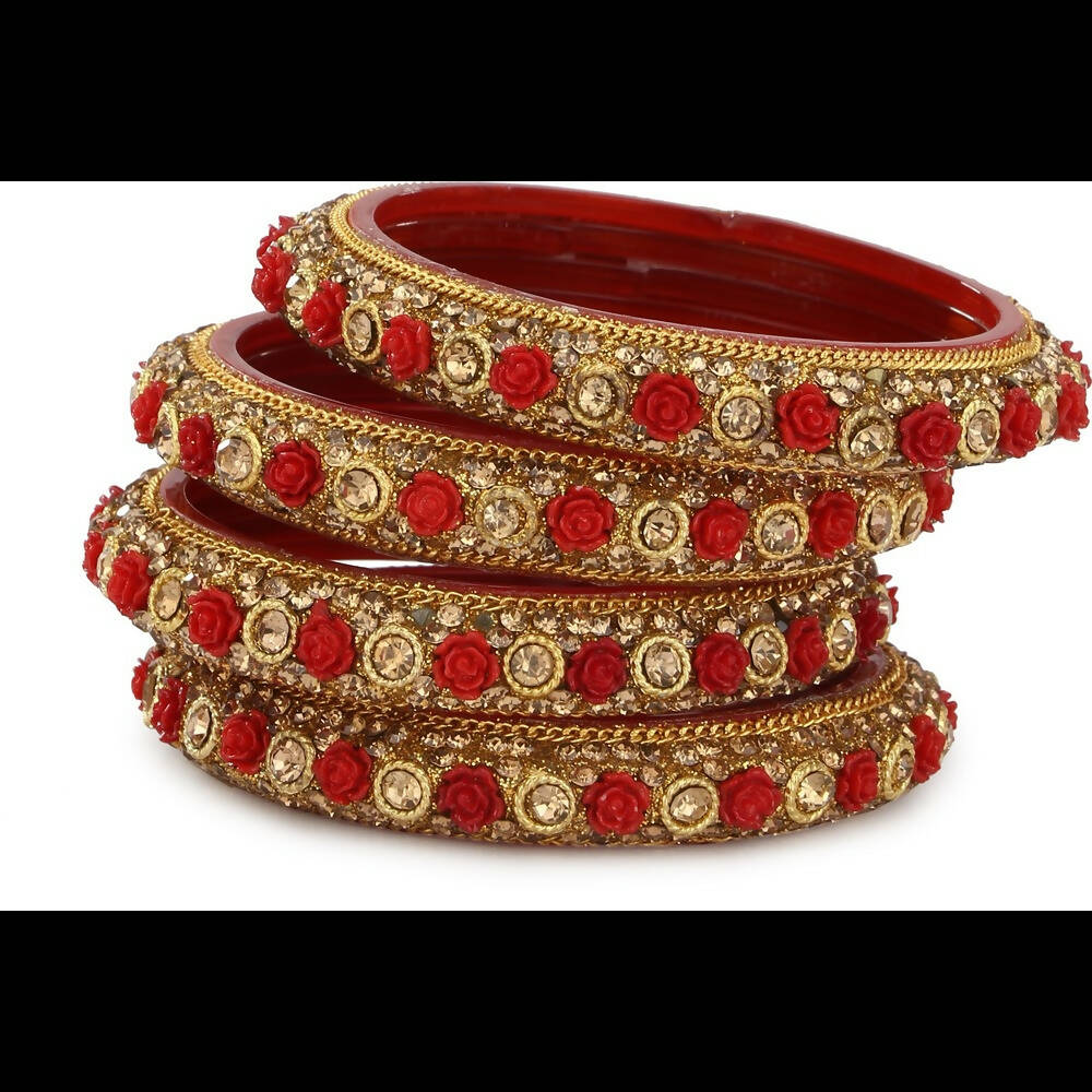 Afast Bridal Wedding & Party Fashionable Colorful Glass Bangle/Kada Set, Pack Of 4 - Red, Gold - Distacart