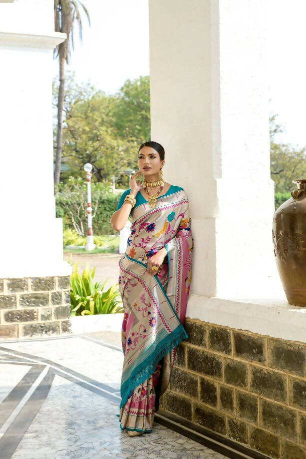 Keppel Cyan Blue Pure Silk Paithani Saree - Pramo Clothing