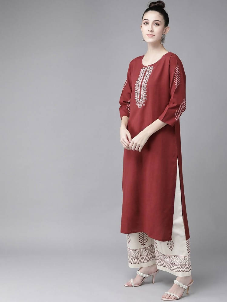 Yufta Maroon & Off White Embroidered Dupatta Set