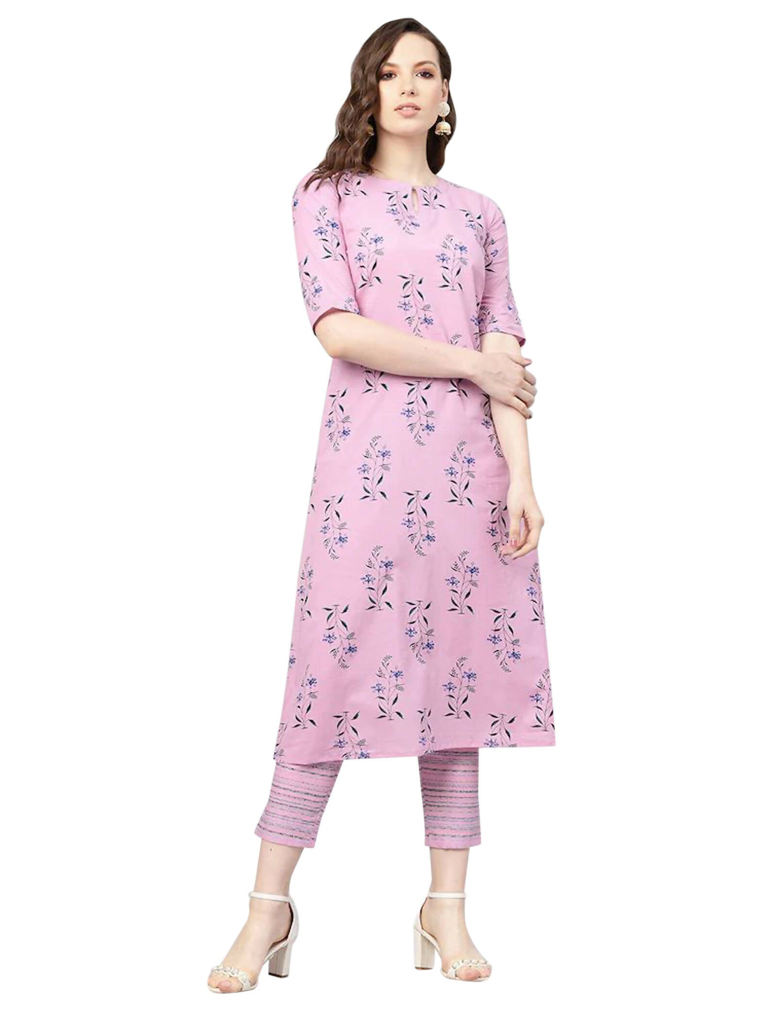 Vamika Printed Cotton Pink Party Wear/Casual Wear Women's Kurta Set/Suit - Distacart